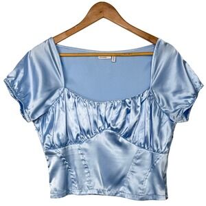 Asos Blouse Top Womens Crop Top‎ Satin Ruching Size 12 Light Blue Coquette Y2K
